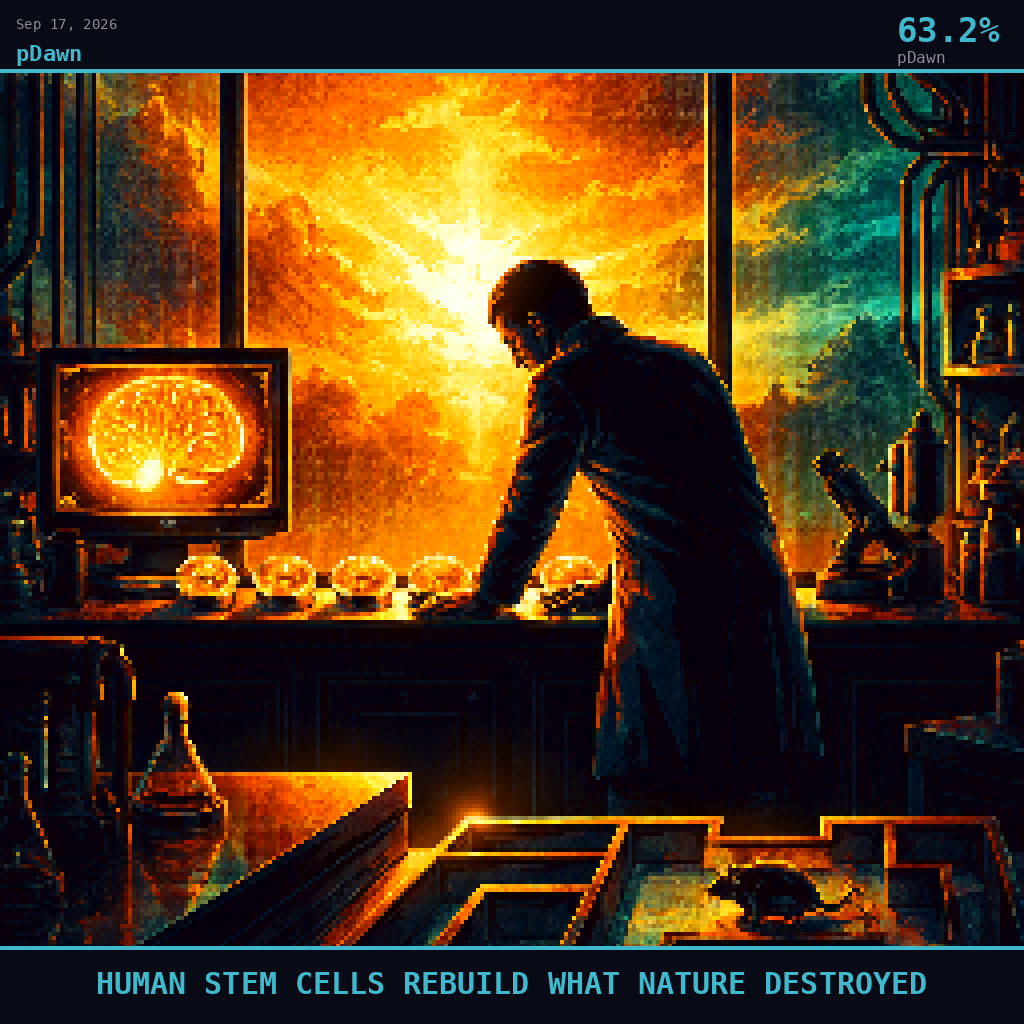 pDawn card for September 17, 2026: 63.2%, HUMAN STEM CELLS REBUILD WHAT NATURE DESTROYED. Pixel art: Silhouette composition, strong backlight, dramatic golden amber and warm teal glow.