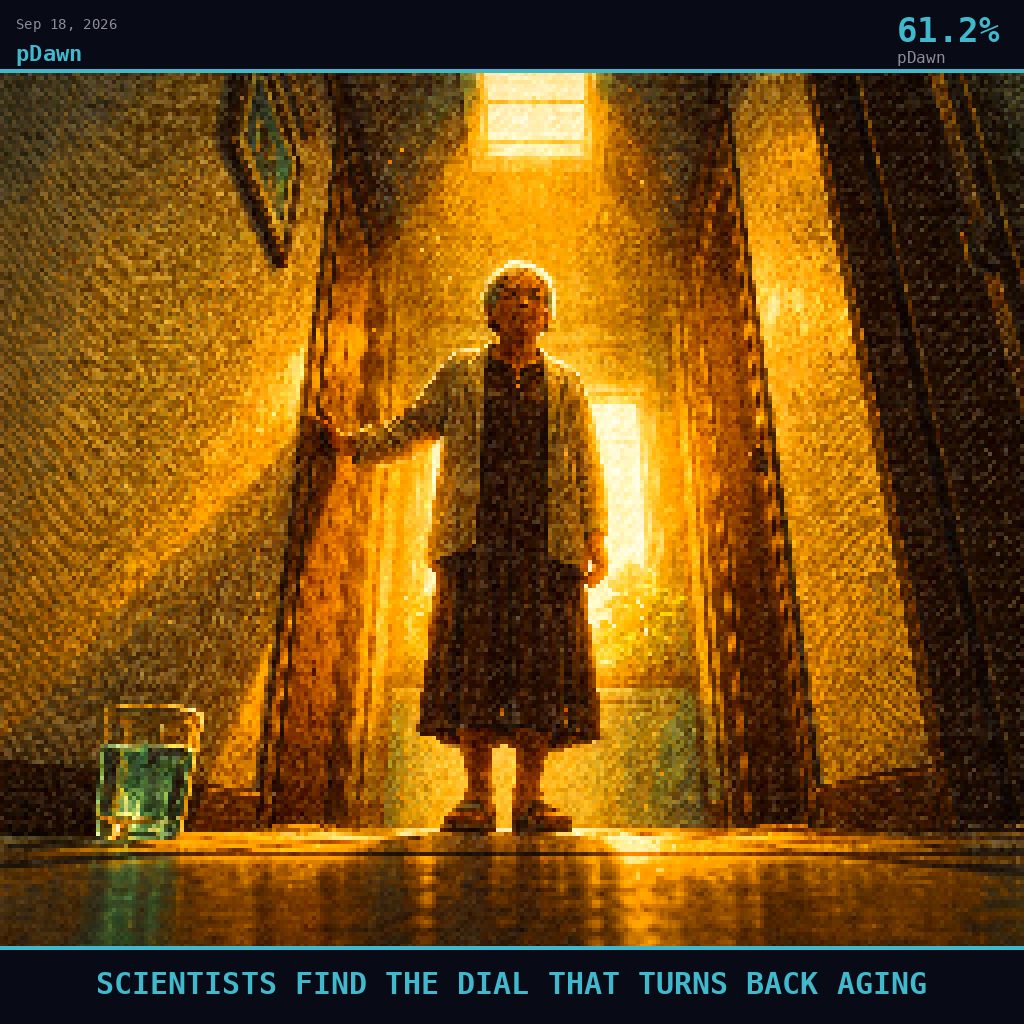 pDawn card for September 18, 2026: 61.2%, SCIENTISTS FIND THE DIAL THAT TURNS BACK AGING. Pixel art: Ground-level view looking straight up from below, camera pressed flat against the worn linoleum floor of a modest home hallway, gazing upward at an elderly Asian woman standing at the far end, her pos.