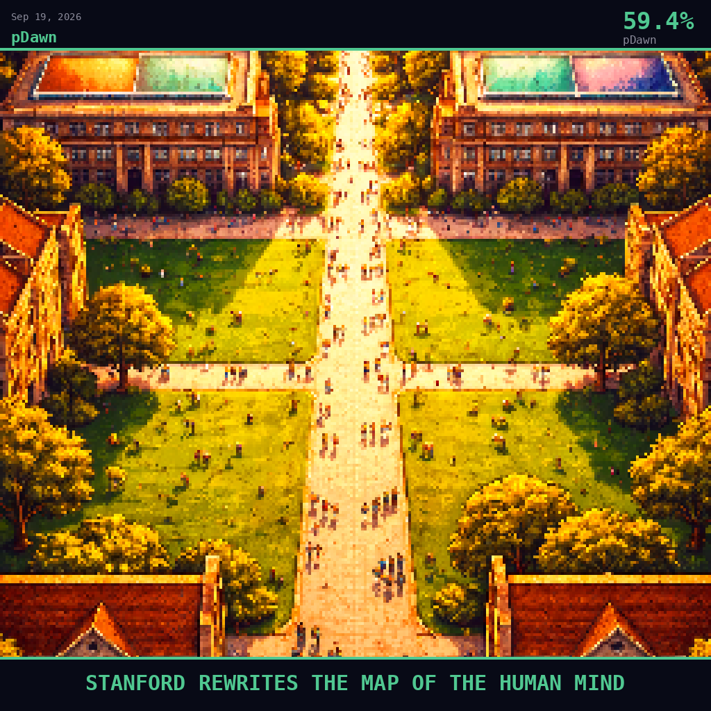 pDawn card for September 19, 2026: 59.4%, STANFORD REWRITES THE MAP OF THE HUMAN MIND. Pixel art: Wide aerial view looking down at a 45-degree angle, vast landscape dominates, tiny figures far below.