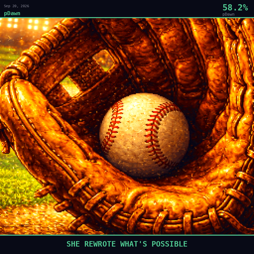 pDawn card for September 20, 2026: 58.2%, SHE REWROTE WHAT'S POSSIBLE. Pixel art: Extreme close-up filling the entire frame, a single worn leather baseball glove rests on a sun-drenched surface, viewed from inches away, the deep amber-brown leather catching rich gold light that sat.