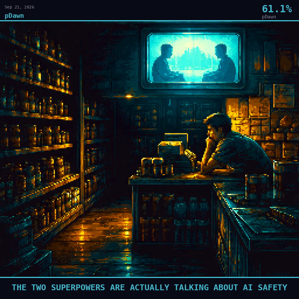 pDawn card for September 21, 2026: 61.1%, THE TWO SUPERPOWERS ARE ACTUALLY TALKING ABOUT AI SAFETY. Pixel art: Night scene, all light from artificial sources, deep shadows dominating.