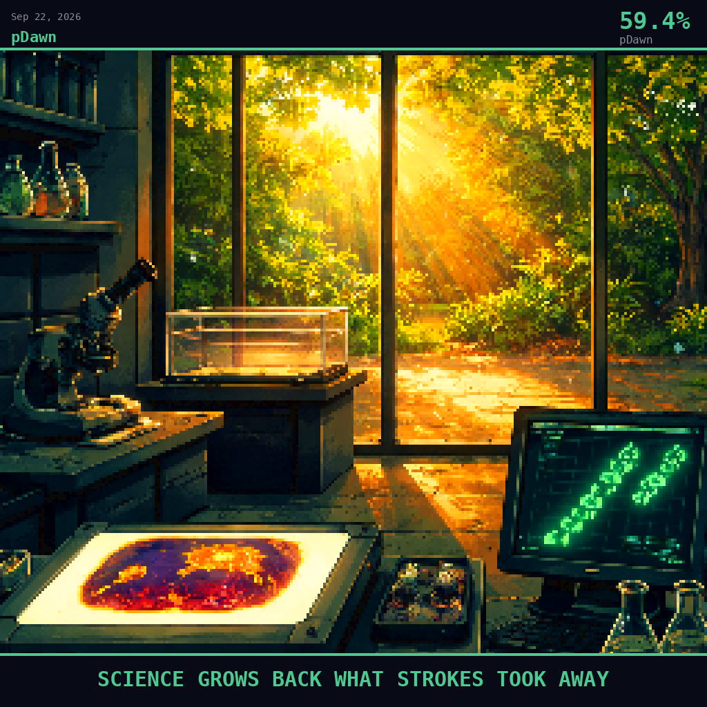 pDawn card for September 22, 2026: 59.4%, SCIENCE GROWS BACK WHAT STROKES TOOK AWAY. Pixel art: Interior scene, we are inside a darkened neuroscience lab in the early morning hours after the breakthrough results were confirmed, looking outward through a wide floor-to-ceiling glass window toward .