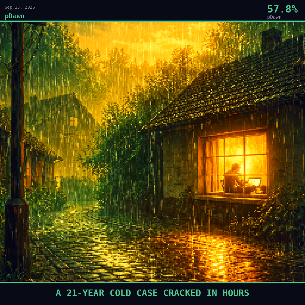 pDawn card for September 23, 2026: 57.8%, A 21-YEAR COLD CASE CRACKED IN HOURS. Pixel art: Weather-dominated exterior scene, thick amber-gold fog and warm emerald rain drifting in luminous curtains through a narrow residential street in a small Polish-German border village, the kind of plac.