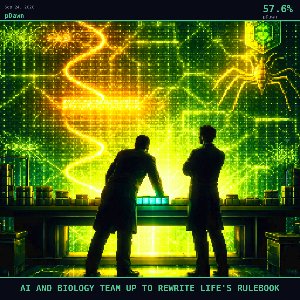 pDawn card for September 24, 2026: 57.6%, AI AND BIOLOGY TEAM UP TO REWRITE LIFE'S RULEBOOK. Pixel art: Silhouette composition, strong backlight, dramatic gold and emerald glow.