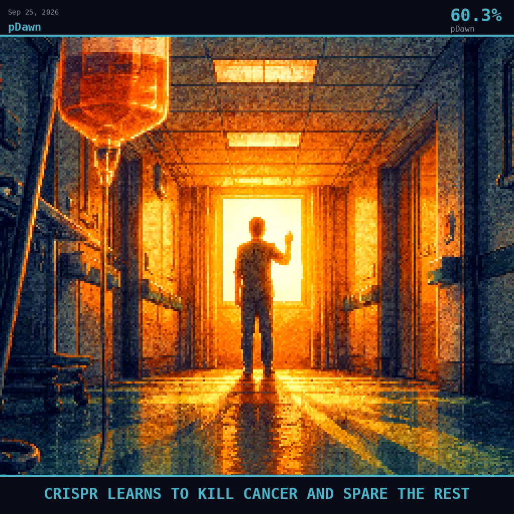 pDawn card for September 25, 2026: 60.3%, CRISPR LEARNS TO KILL CANCER AND SPARE THE REST. Pixel art: Ground-level view looking straight up from below, camera pressed flat against the cold linoleum floor of a hospital corridor, gazing upward at dramatic low angle.