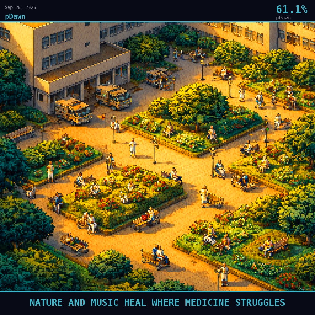 pDawn card for September 26, 2026: 61.1%, NATURE AND MUSIC HEAL WHERE MEDICINE STRUGGLES. Pixel art: Wide aerial view looking down at a 45-degree angle, vast hospital campus spreads across the frame, viewed from high above at a diagonal, golden amber afternoon light raking long teal shadows across th.