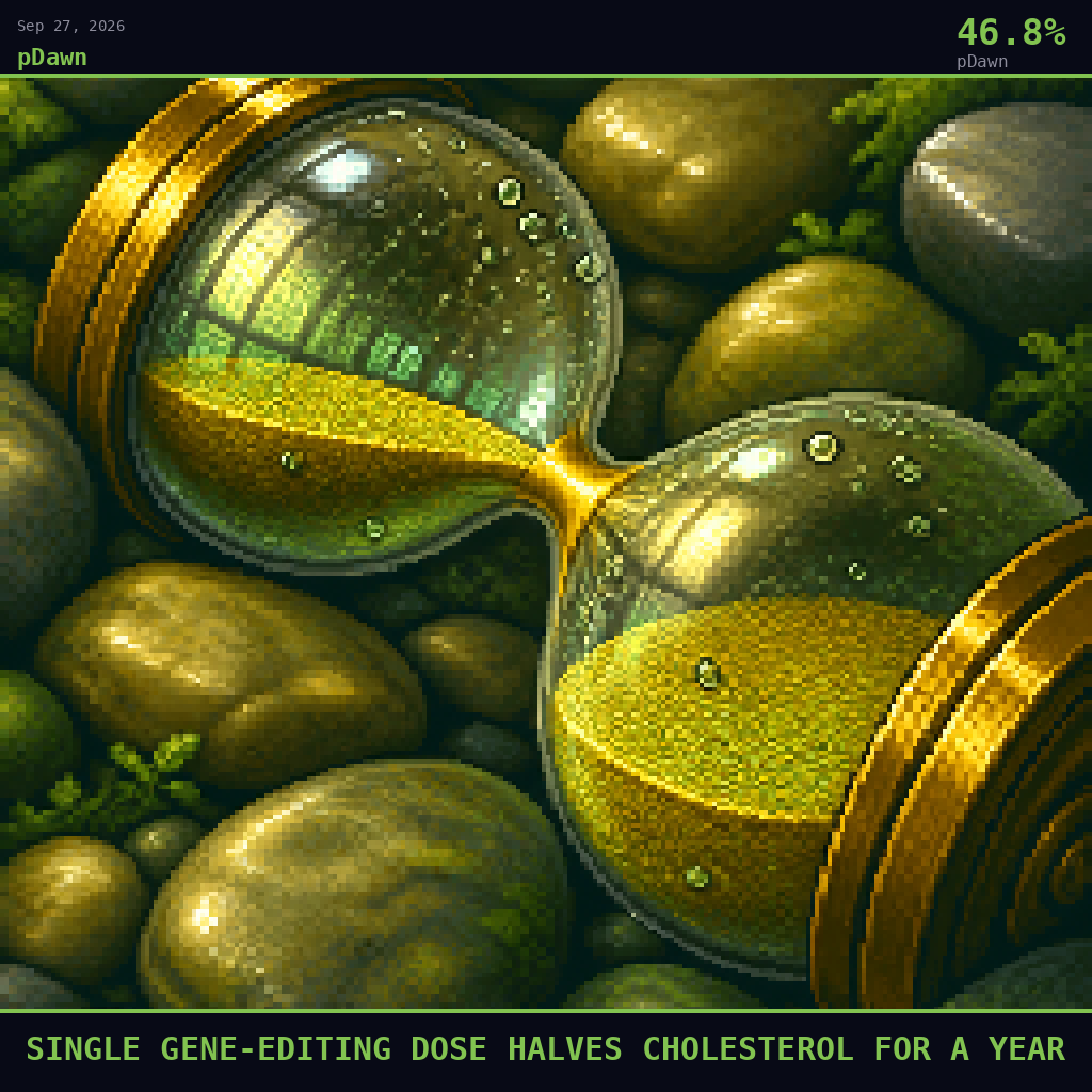 pDawn card for September 27, 2026: 46.8%, SINGLE GENE-EDITING DOSE HALVES CHOLESTEROL FOR A YEAR. Pixel art: Extreme close-up filling the entire frame on a single hourglass resting on its side, wedged between smooth river stones, one narrow stream of fine golden sand frozen mid-fall from the upper chamber to.