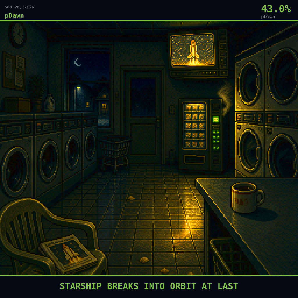 pDawn card for September 28, 2026: 43.0%, STARSHIP BREAKS INTO ORBIT AT LAST. Pixel art: Night scene, all light from artificial sources, deep shadows dominating.