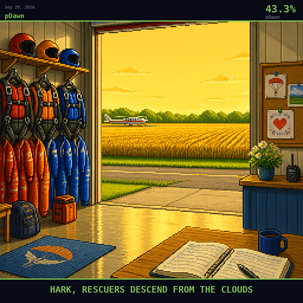pDawn card for September 29, 2026: 43.3%, HARK, RESCUERS DESCEND FROM THE CLOUDS. Pixel art: Interior scene, we are inside the Skydive Milwaukee hangar office the next morning, looking out through a wide open hangar doorway that frames a calm cornfield and clear golden sky beyond.