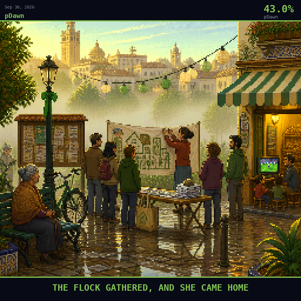 pDawn card for September 30, 2026: 43.0%, THE FLOCK GATHERED, AND SHE CAME HOME. Pixel art: Weather-dominated exterior scene, warm golden haze mixed with drifting fresh-green-tinted mist softens every edge, as if morning fog is just breaking over a different Spanish city's plaza far from Mad.
