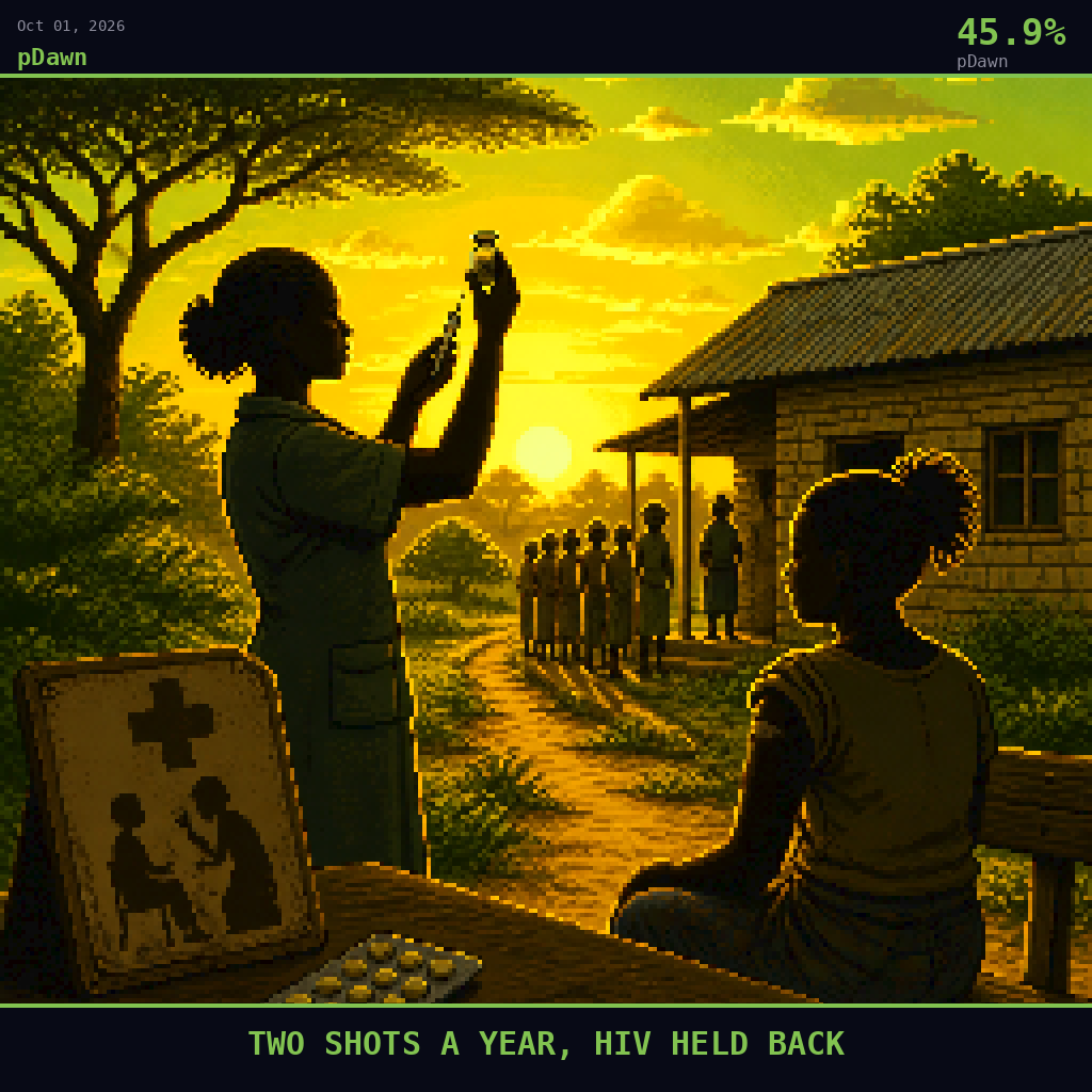 pDawn card for October 1, 2026: 45.9%, TWO SHOTS A YEAR, HIV HELD BACK. Pixel art: Silhouette composition, strong backlight, a vivid golden-green late-afternoon sky blazing behind a modest outdoor health post in Epworth outside Harare, corrugated tin roof and cinderblock walls rimme.