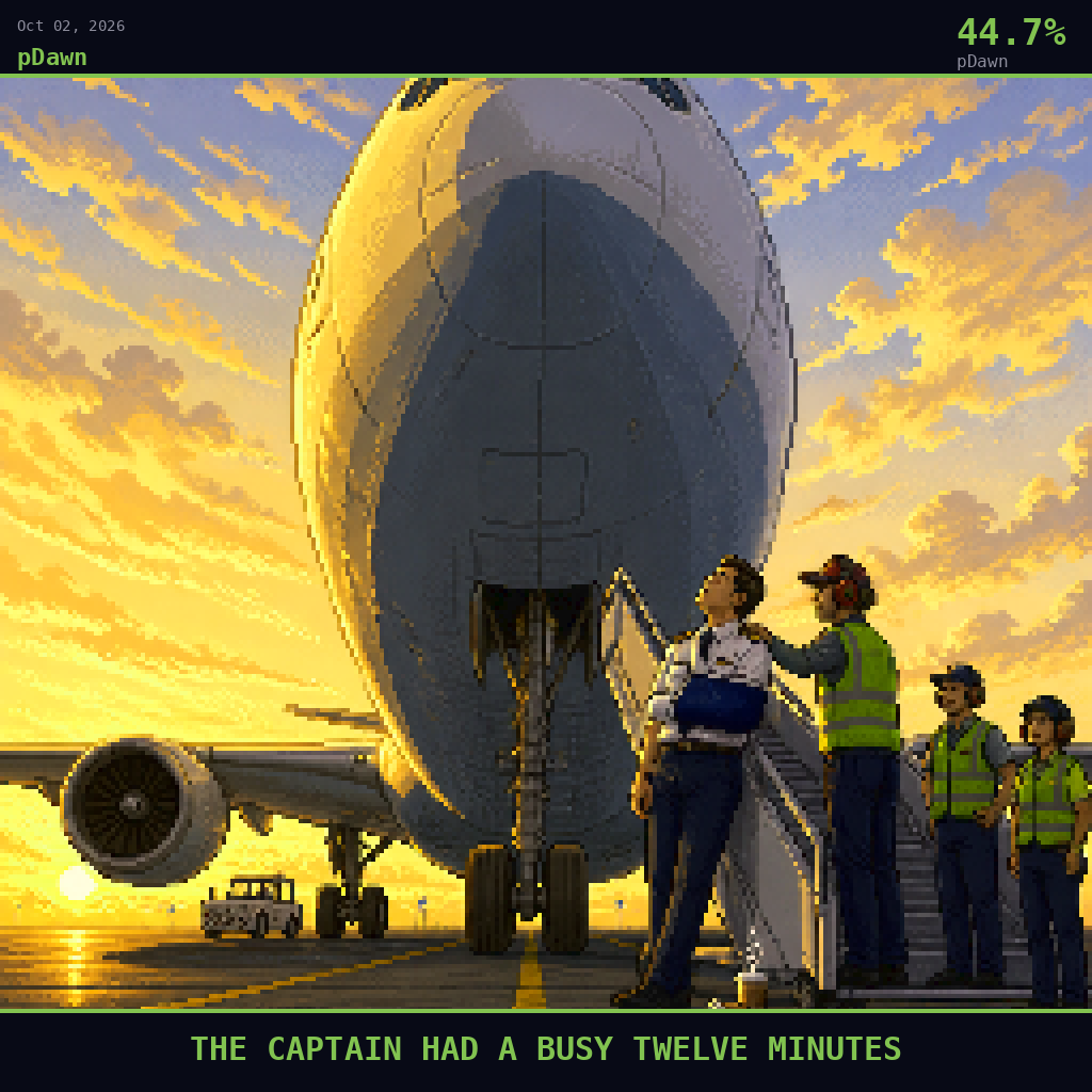 pDawn card for October 2, 2026: 44.7%, THE CAPTAIN HAD A BUSY TWELVE MINUTES. Pixel art: Ground-level view looking straight up from below, camera pressed flat against the tarmac, gazing upward at the towering nose and cockpit windscreen of a parked Boeing jet catching the first golden lig.