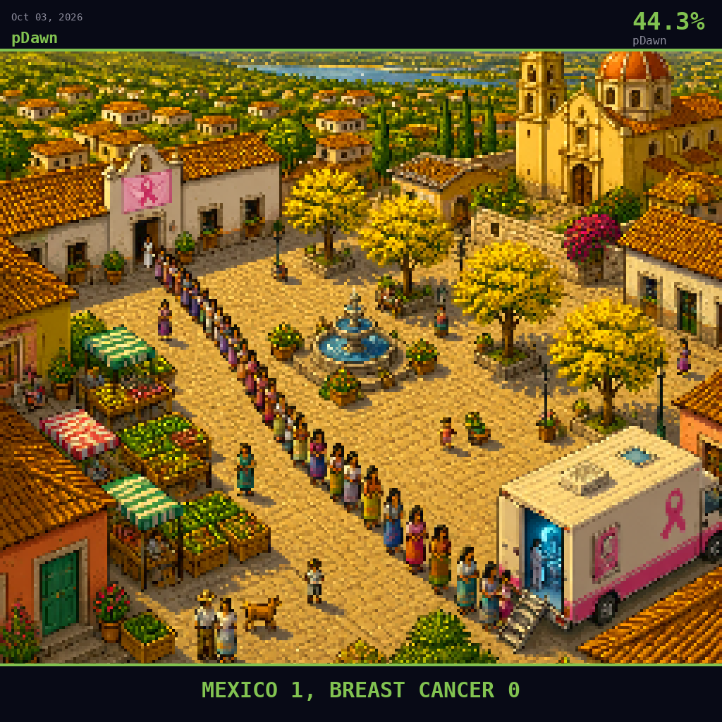 pDawn card for October 3, 2026: 44.3%, MEXICO 1, BREAST CANCER 0. Pixel art: WIDE AERIAL VIEW looking down at a 45-degree angle over a sunlit Mexican town plaza, vast landscape dominating the frame with tiny figures below: a long line of women snakes from a small clinic door a.