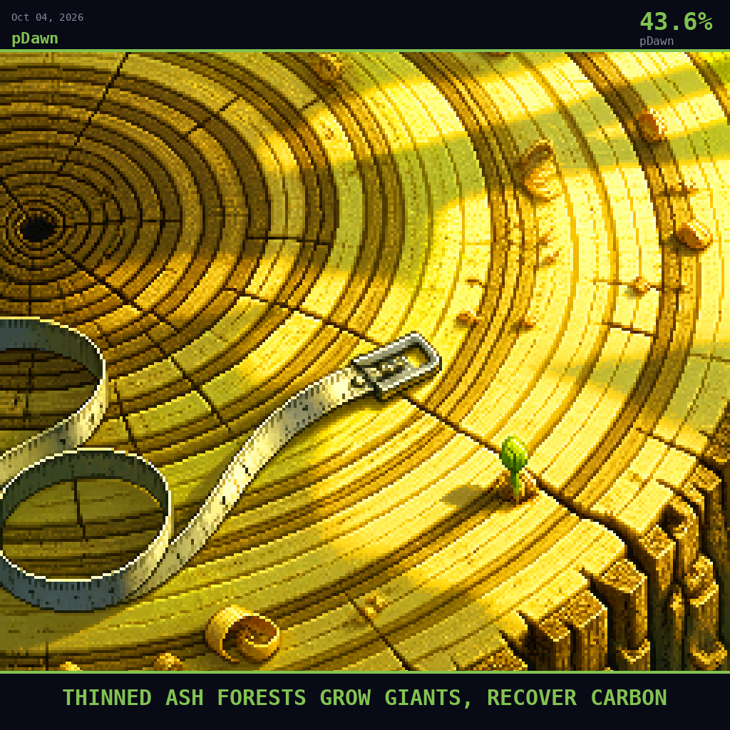 pDawn card for October 4, 2026: 43.6%, THINNED ASH FORESTS GROW GIANTS, RECOVER CARBON. Pixel art: EXTREME CLOSE-UP filling the entire frame on a single cut cross-section of a mountain ash tree stump, rendered like a dense topographic map of concentric growth rings.