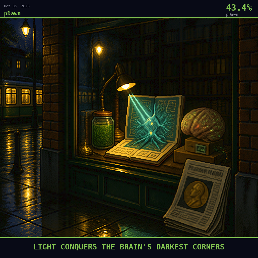 pDawn card for October 5, 2026: 43.4%, LIGHT CONQUERS THE BRAIN'S DARKEST CORNERS. Pixel art: NIGHT SCENE, all light from artificial sources, deep shadows dominating the frame.