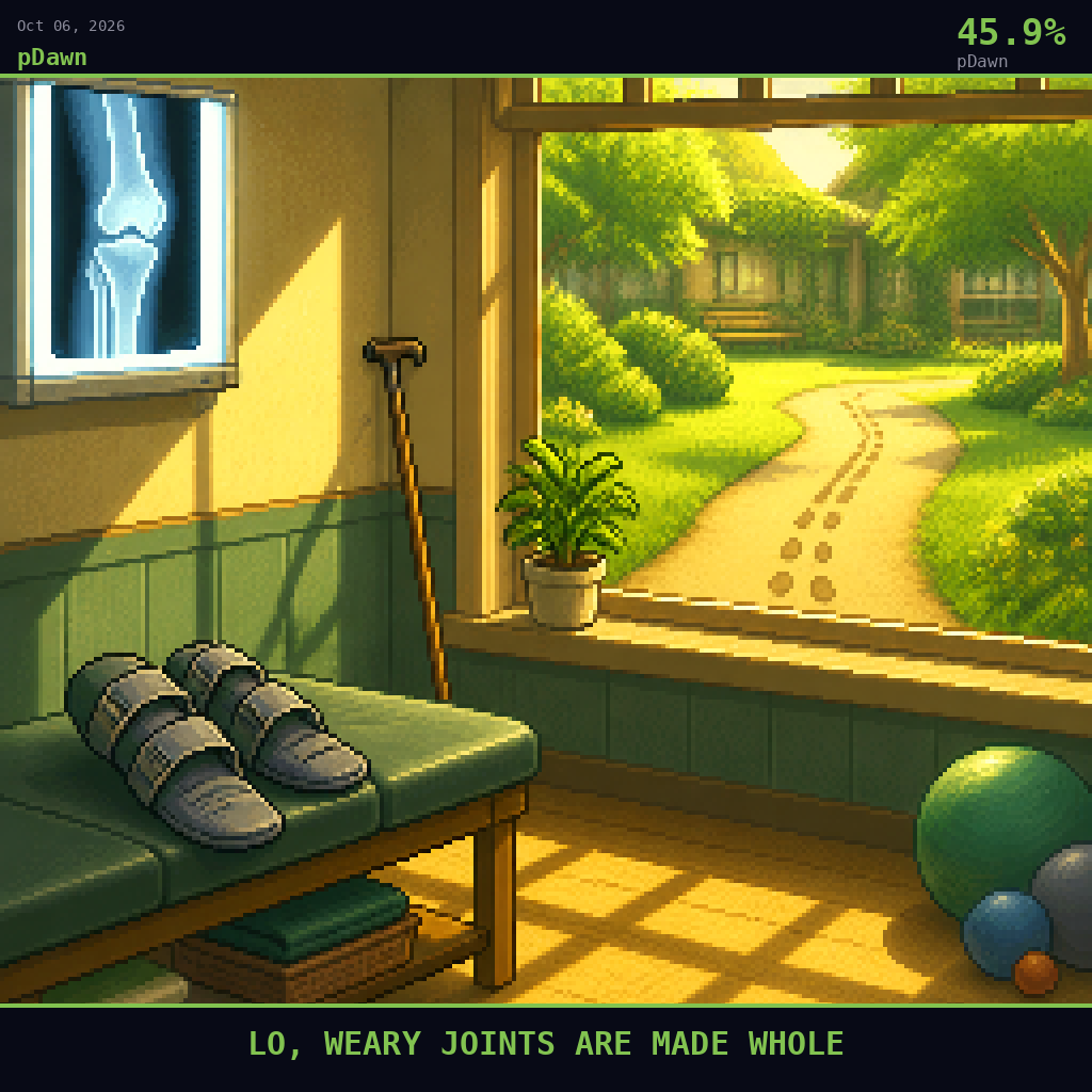 pDawn card for October 6, 2026: 45.9%, LO, WEARY JOINTS ARE MADE WHOLE. Pixel art: INTERIOR SCENE, dawn after the discovery was announced, we are inside a quiet physical therapy clinic room looking out through a large window into a fresh green-gold morning courtyard.