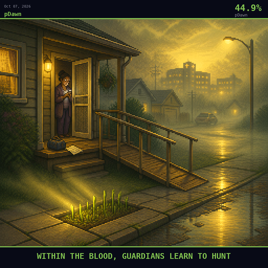 pDawn card for October 7, 2026: 44.9%, WITHIN THE BLOOD, GUARDIANS LEARN TO HUNT. Pixel art: WEATHER-DOMINATED exterior scene, thick golden-green morning fog rolling low through a quiet suburban street outside a cancer treatment center, atmosphere softening every edge.