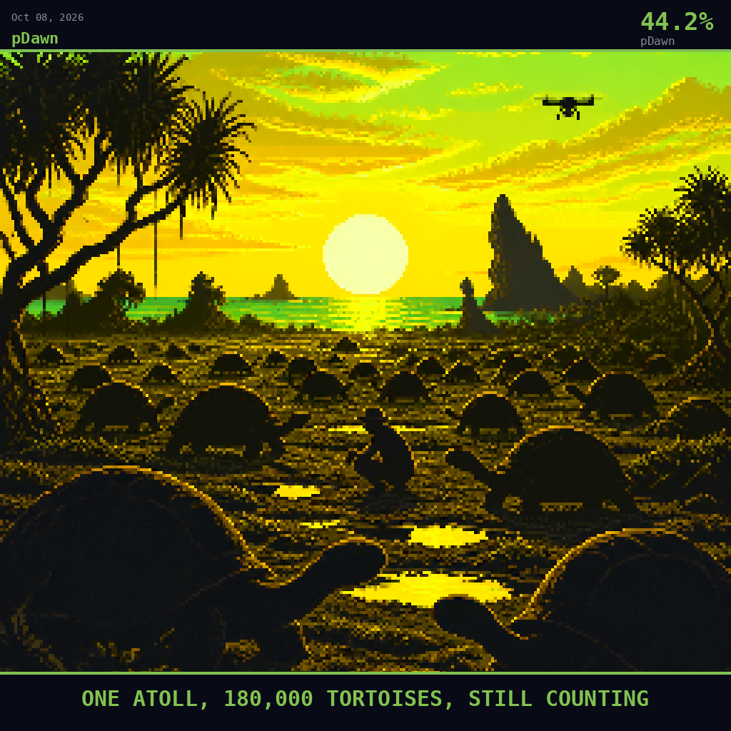 pDawn card for October 8, 2026: 44.2%, ONE ATOLL, 180,000 TORTOISES, STILL COUNTING. Pixel art: SILHOUETTE COMPOSITION, strong golden backlight blazing low over the flat coral horizon of Aldabra Atoll, the enormous glowing sun sitting just above the turquoise lagoon so that everything in the for.