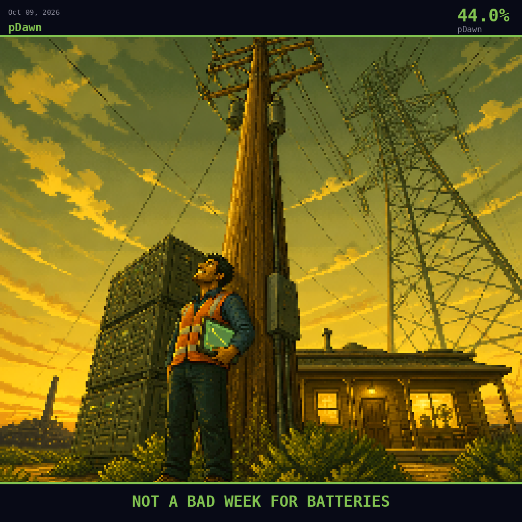 pDawn card for October 9, 2026: 44.0%, NOT A BAD WEEK FOR BATTERIES. Pixel art: GROUND-LEVEL VIEW looking straight up from beneath a utility pole at the edge of a small desert town, towering transmission tower lines crisscrossing a vast golden-green evening sky, the silhouette of.
