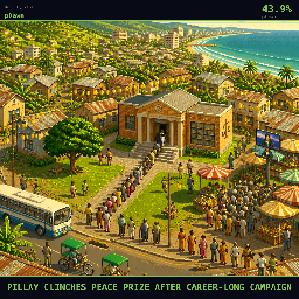 pDawn card for October 10, 2026: 43.9%, PILLAY CLINCHES PEACE PRIZE AFTER CAREER-LONG CAMPAIGN. Pixel art: WIDE AERIAL VIEW looking down at a 45-degree angle over a sunlit Durban neighborhood at the edge of the Indian Ocean, vast landscape dominating the frame with tiny figures below.