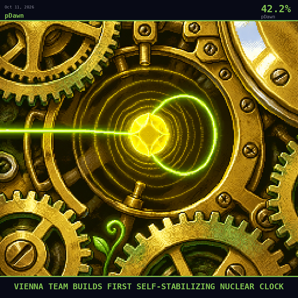 pDawn card for October 11, 2026: 42.2%, VIENNA TEAM BUILDS FIRST SELF-STABILIZING NUCLEAR CLOCK. Pixel art: EXTREME CLOSE-UP filling the entire frame inside the open case of an antique brass clock movement.
