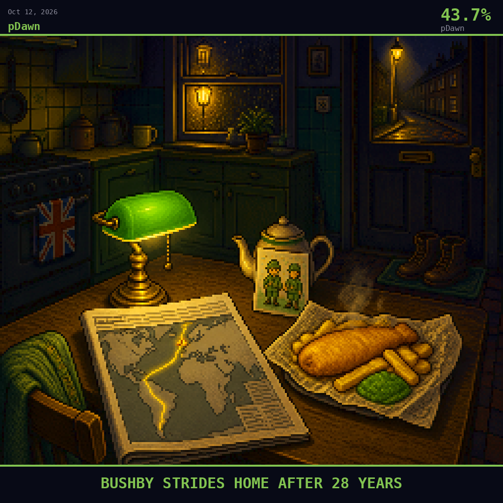 pDawn card for October 12, 2026: 43.7%, BUSHBY STRIDES HOME AFTER 28 YEARS. Pixel art: NIGHT SCENE inside a small terraced-house kitchen in Hull, England.