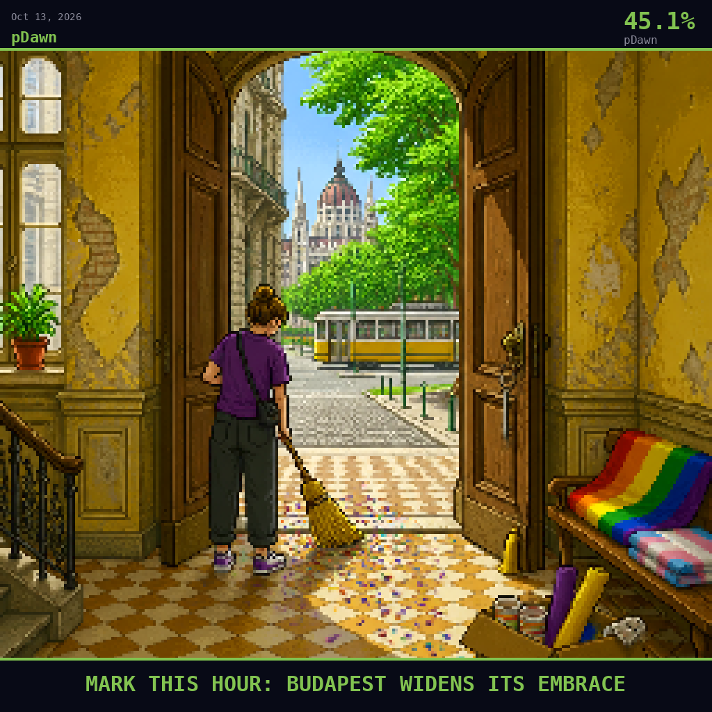 pDawn card for October 13, 2026: 45.1%, MARK THIS HOUR: BUDAPEST WIDENS ITS EMBRACE. Pixel art: INTERIOR SCENE inside the tall, worn entrance hall of an old Pest apartment building in Budapest, the morning after Pride weekend.