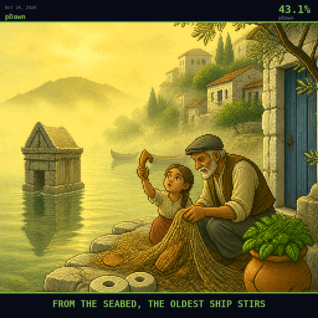 pDawn card for October 14, 2026: 43.1%, FROM THE SEABED, THE OLDEST SHIP STIRS. Pixel art: WEATHER-DOMINATED exterior scene: thick golden-green sea haze fills the whole frame and rolls over the small stone quay of a sleepy Lycian fishing village on Turkey's southern coast, one bay along fro.