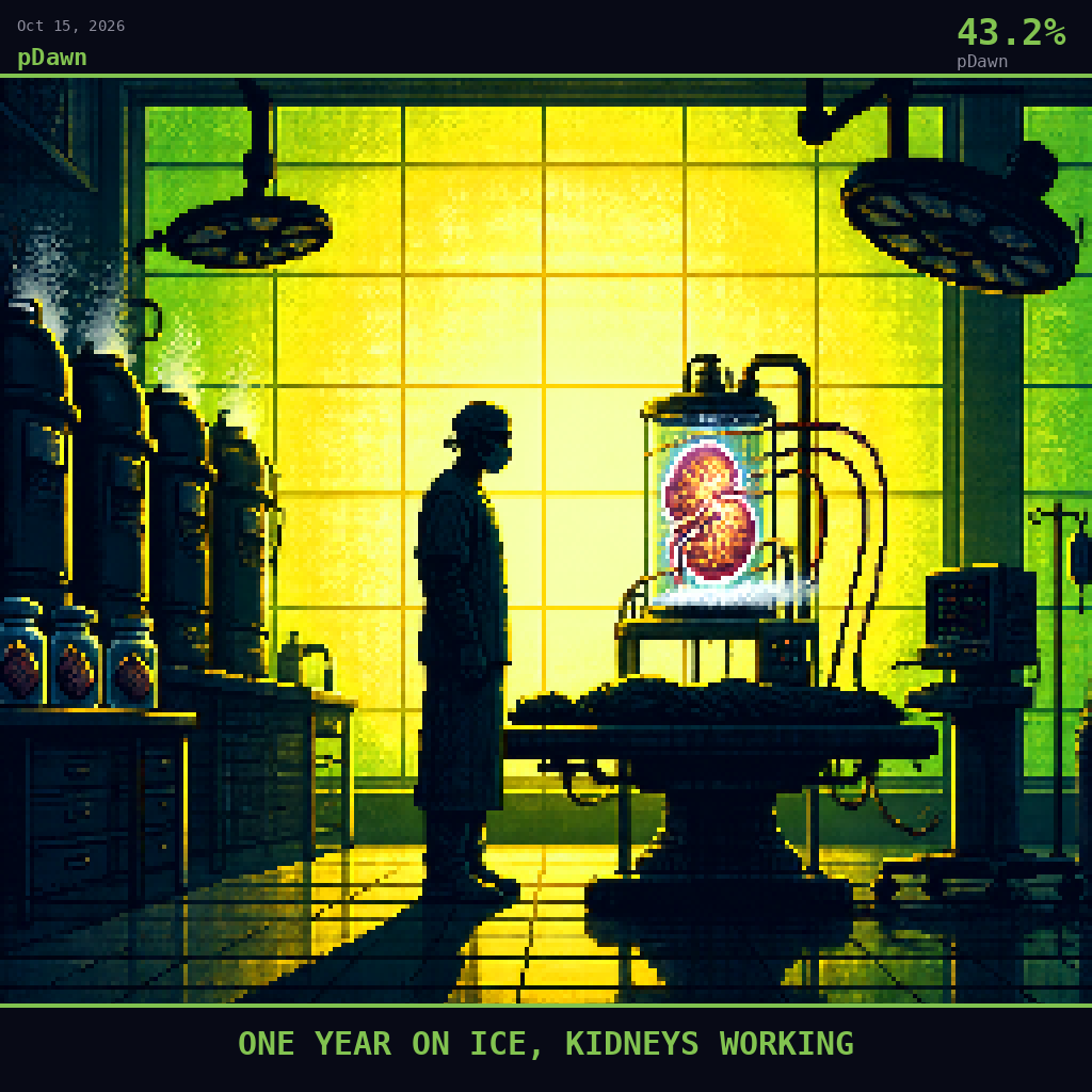 pDawn card for October 15, 2026: 43.2%, ONE YEAR ON ICE, KIDNEYS WORKING. Pixel art: SILHOUETTE COMPOSITION inside a wide, high-ceilinged university transplant surgery suite.