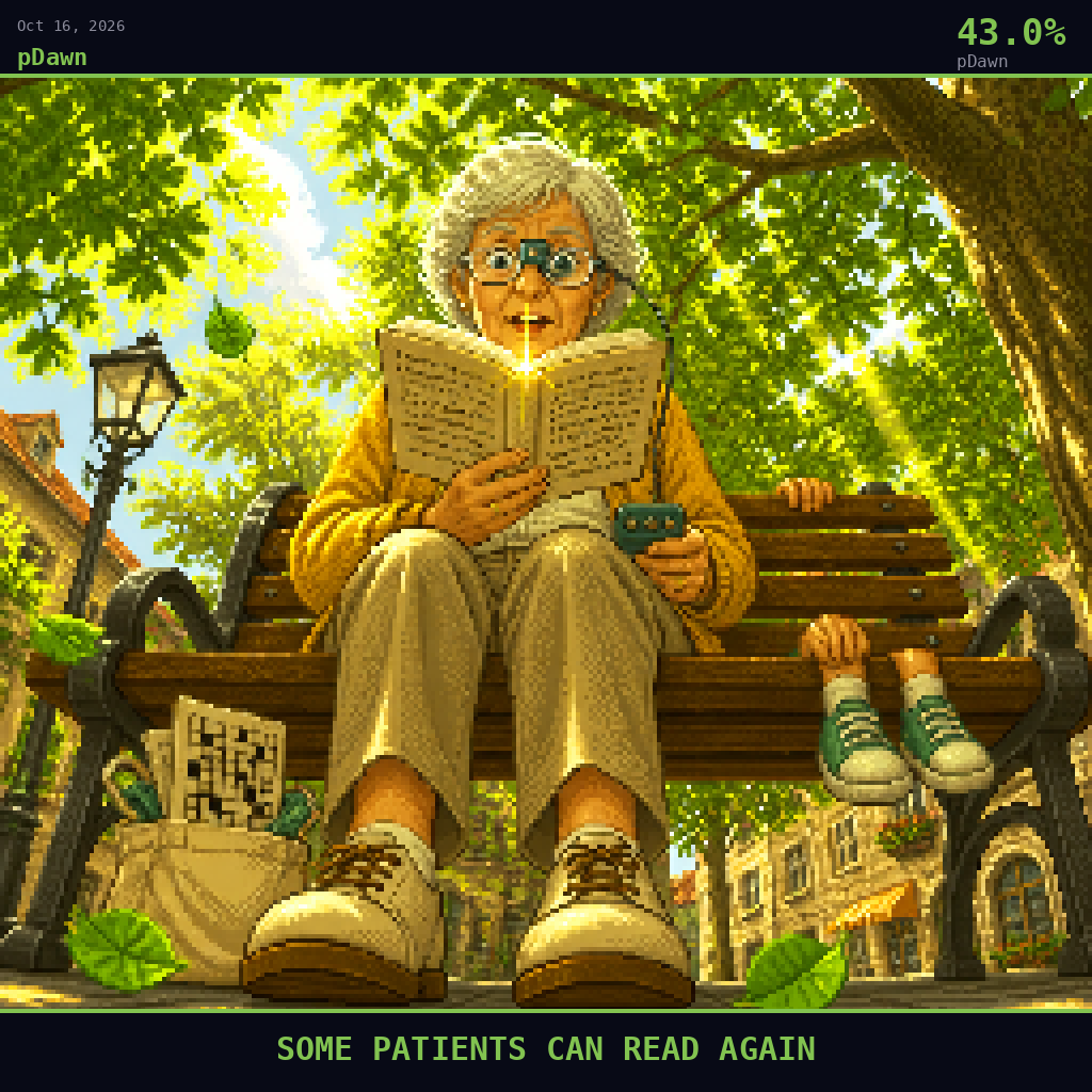 pDawn card for October 16, 2026: 43.0%, SOME PATIENTS CAN READ AGAIN. Pixel art: GROUND-LEVEL VIEW looking steeply upward from the paving stones of a small town park in clear midday daylight.