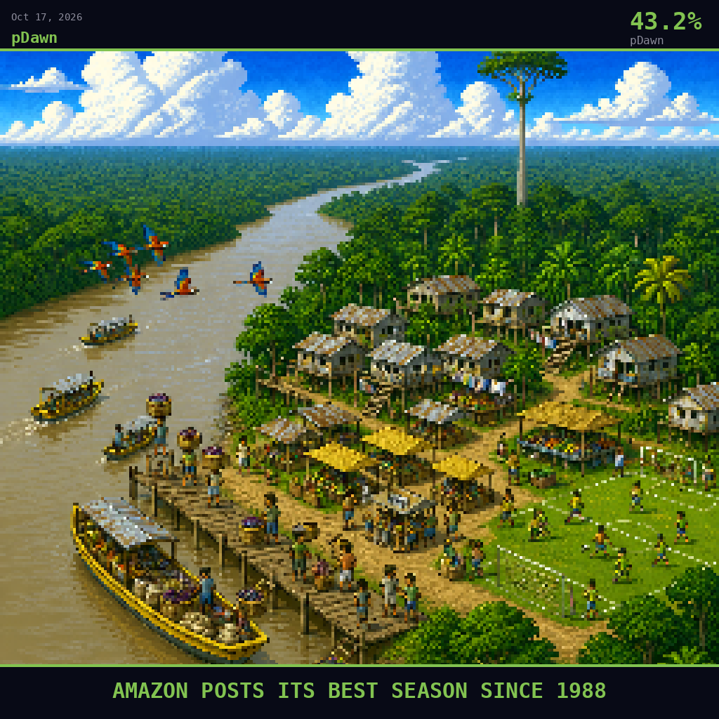 pDawn card for October 17, 2026: 43.2%, AMAZON POSTS ITS BEST SEASON SINCE 1988. Pixel art: WIDE AERIAL VIEW looking down at a 45-degree angle over a small riverside town on a broad tributary in Pará, Brazil.