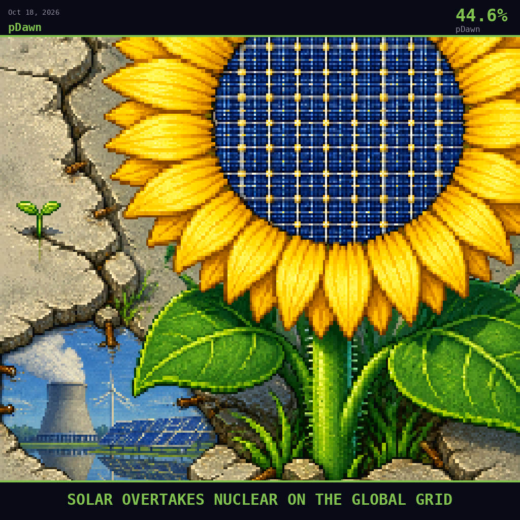 pDawn card for October 18, 2026: 44.6%, SOLAR OVERTAKES NUCLEAR ON THE GLOBAL GRID. Pixel art: EXTREME CLOSE-UP filling the entire frame, in clear balanced midday daylight with confident, steady warmth.