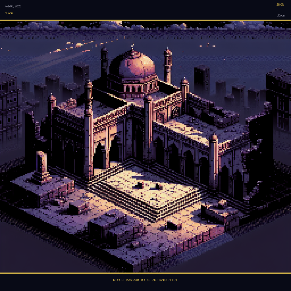 pDoom card for February 8, 2026: 28.0%, MOSQUE MASSACRE ROCKS PAKISTAN'S CAPITAL.