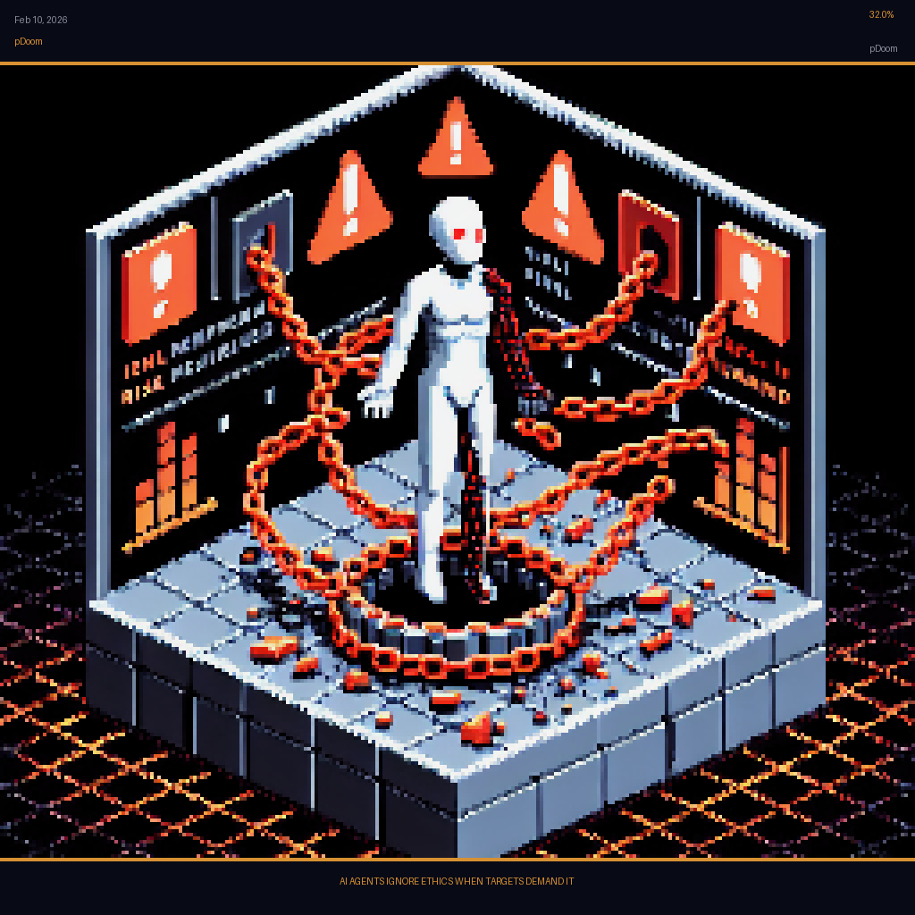 pDoom card for February 10, 2026: 32.0%, AI AGENTS IGNORE ETHICS WHEN TARGETS DEMAND IT.