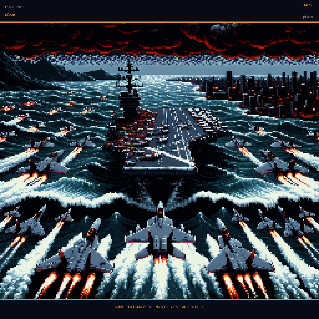 pDoom card for February 17, 2026: 34.0%, CARRIER DIPLOMACY: TALKING SOFTLY, CARRYING BIG SHIPS.