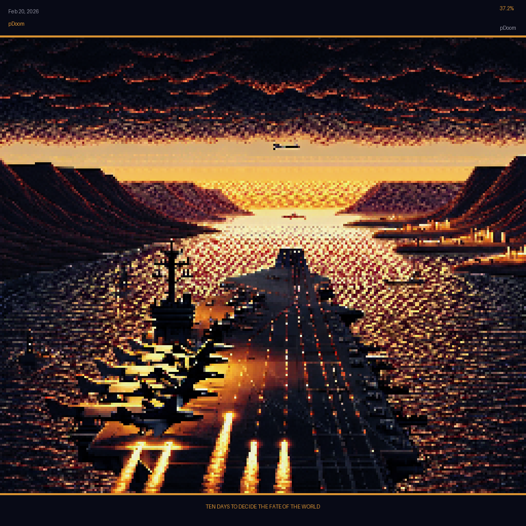 pDoom card for February 20, 2026: 37.2%, TEN DAYS TO DECIDE THE FATE OF THE WORLD. Pixel art: the narrow dark channel of water cutting between two scorched desert coastlines, the Persian Gulf stretching into a haze-choked black horizon under a sky the color of a bruise, no stars visible, only .