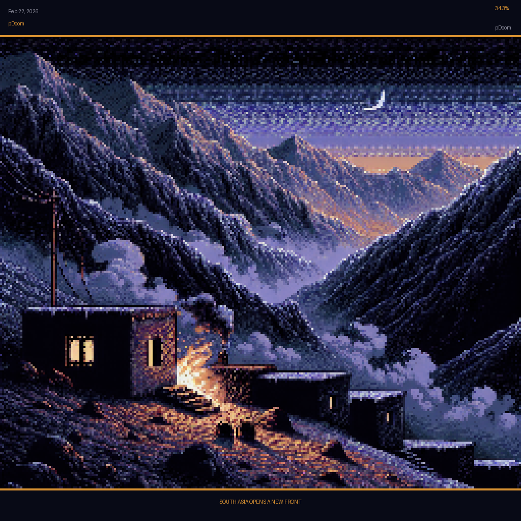pDoom card for February 22, 2026: 34.3%, SOUTH ASIA OPENS A NEW FRONT. Pixel art: a bitter pre-dawn mountain night along the Durand Line, the rugged high-altitude ridgelines of eastern Afghanistan swallowed by a dense cold haze, freezing fog rolling through the deep valleys between.