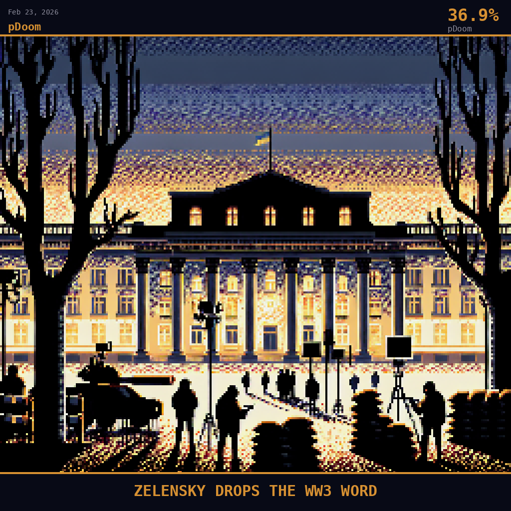 pDoom card for February 23, 2026: 36.9%, ZELENSKY DROPS THE WW3 WORD. Pixel art: the neoclassical cream and ochre facade of a formal government building looms in deep background, its columned portico and wrought-iron fencing dissolved into dark navy shadow, bare chestnut and linde.