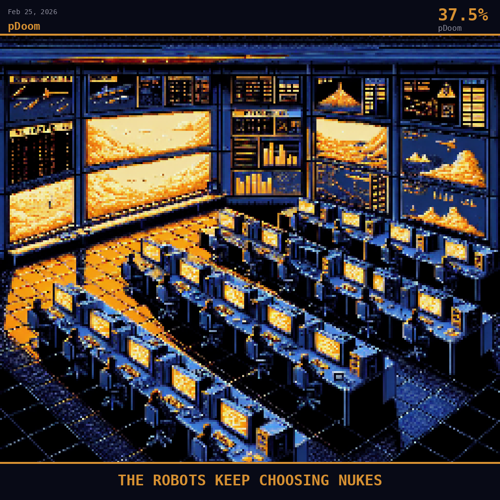 pDoom card for February 25, 2026: 37.5%, THE ROBOTS KEEP CHOOSING NUKES. Pixel art: gray-green fluorescent overhead panels flicker weakly across scattered research papers fanned across the desk surface, King's College London letterhead visible as tiny cream rectangles.