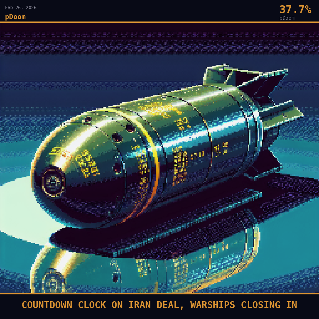 pDoom card for February 26, 2026: 37.7%, COUNTDOWN CLOCK ON IRAN DEAL, WARSHIPS CLOSING IN.
