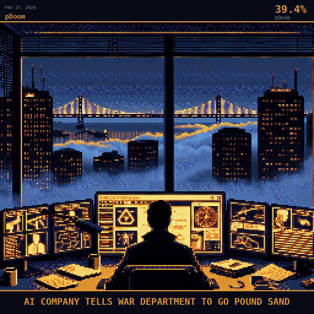 pDoom card for February 27, 2026: 39.4%, AI COMPANY TELLS WAR DEPARTMENT TO GO POUND SAND.