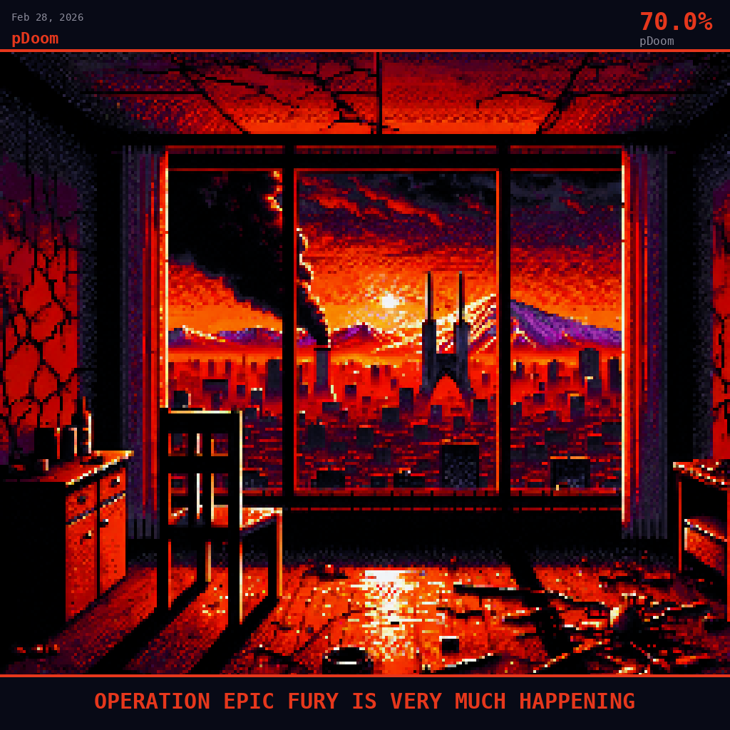 pDoom card for February 28, 2026: 70.0%, OPERATION EPIC FURY IS VERY MUCH HAPPENING.