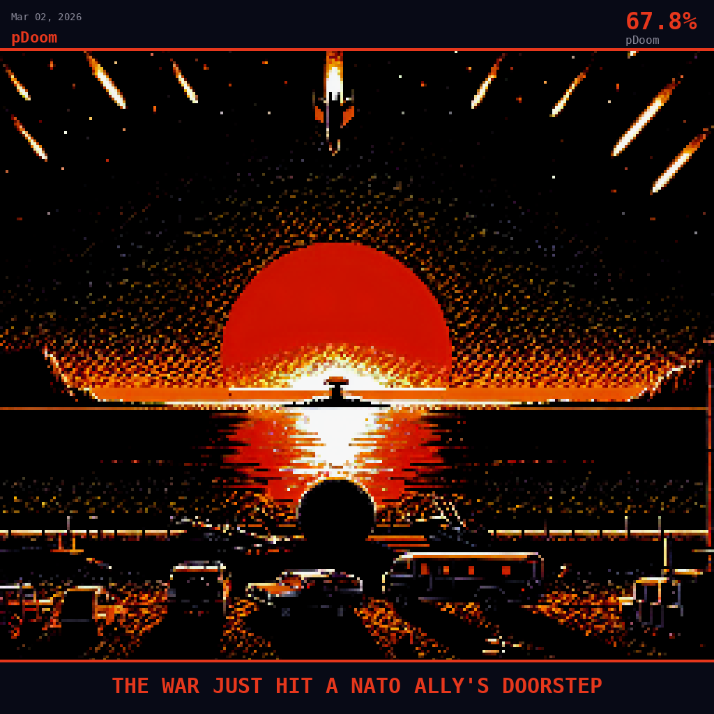 pDoom card for March 2, 2026: 67.8%, THE WAR JUST HIT A NATO ALLY'S DOORSTEP.