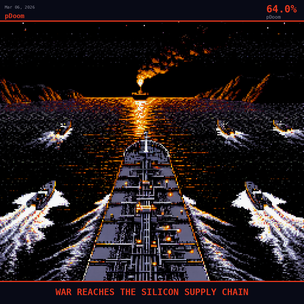 pDoom card for March 6, 2026: 64.0%, WAR REACHES THE SILICON SUPPLY CHAIN. Pixel art: gray fiberglass hulls, razor-thin wakes.