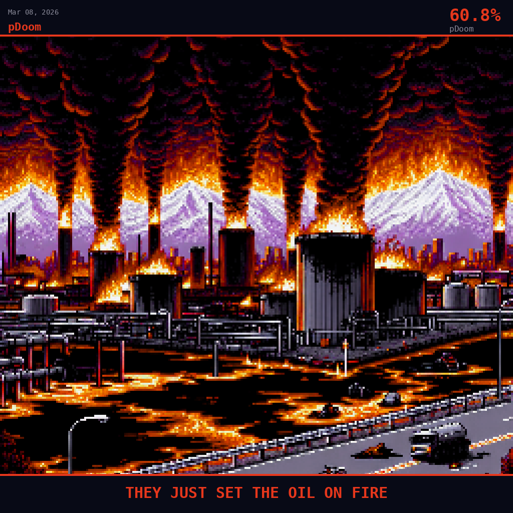 pDoom card for March 8, 2026: 60.8%, THEY JUST SET THE OIL ON FIRE. Pixel art: the primary visual is a wall of thick black oil smoke billowing upward from multiple burning petroleum storage tanks simultaneously, the smoke so dense it becomes the sky itself, swallowing the upper .