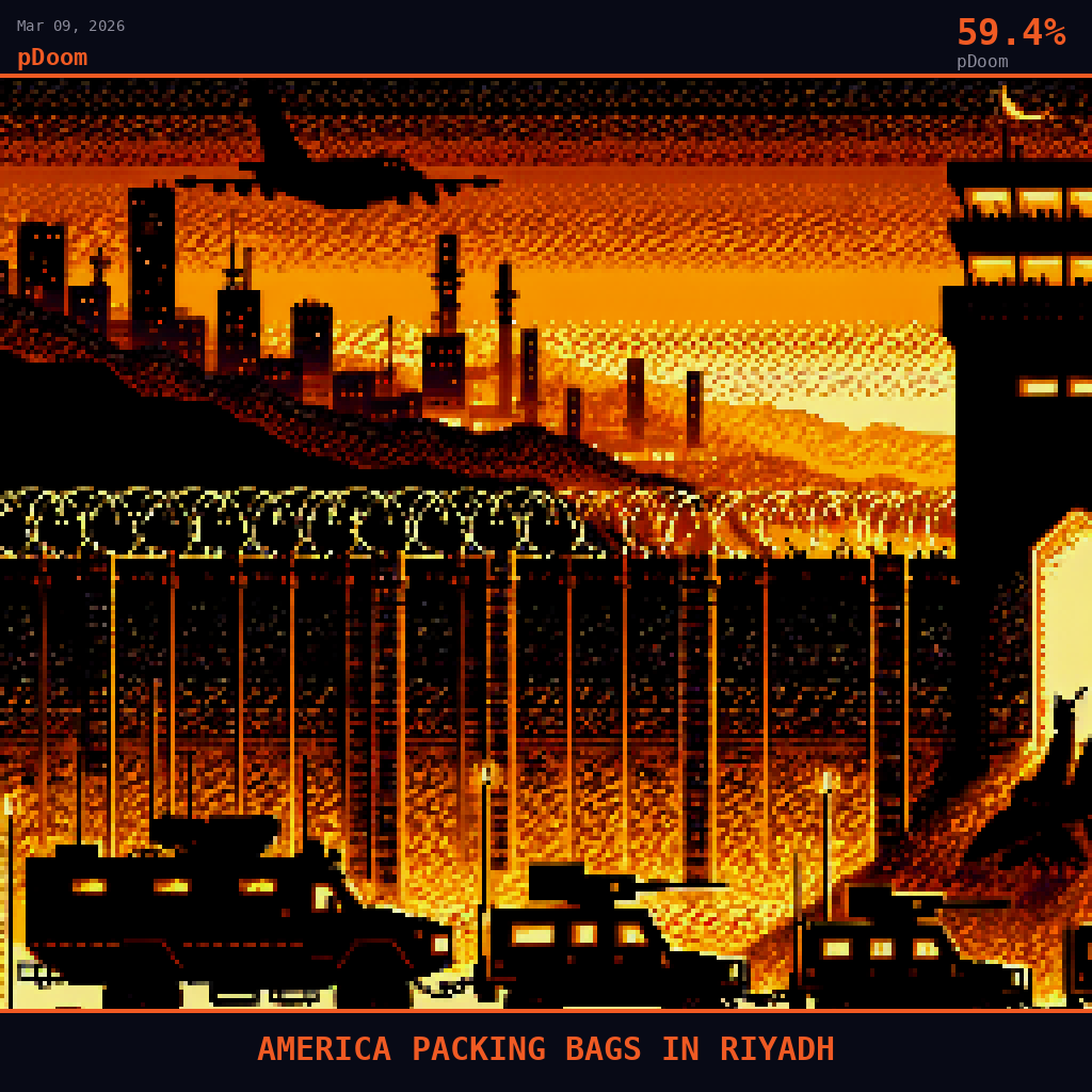 pDoom card for March 9, 2026: 59.4%, AMERICA PACKING BAGS IN RIYADH. Pixel art: S.