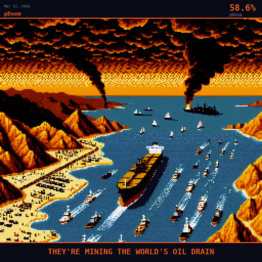 pDoom card for March 11, 2026: 58.6%, THEY'RE MINING THE WORLD'S OIL DRAIN. Pixel art: the Strait of Hormuz at its narrowest chokepoint rendered from high altitude, the flat arid brown Iranian coastline stretching across the upper frame and the dramatic ochre limestone cliffs of Musanda.