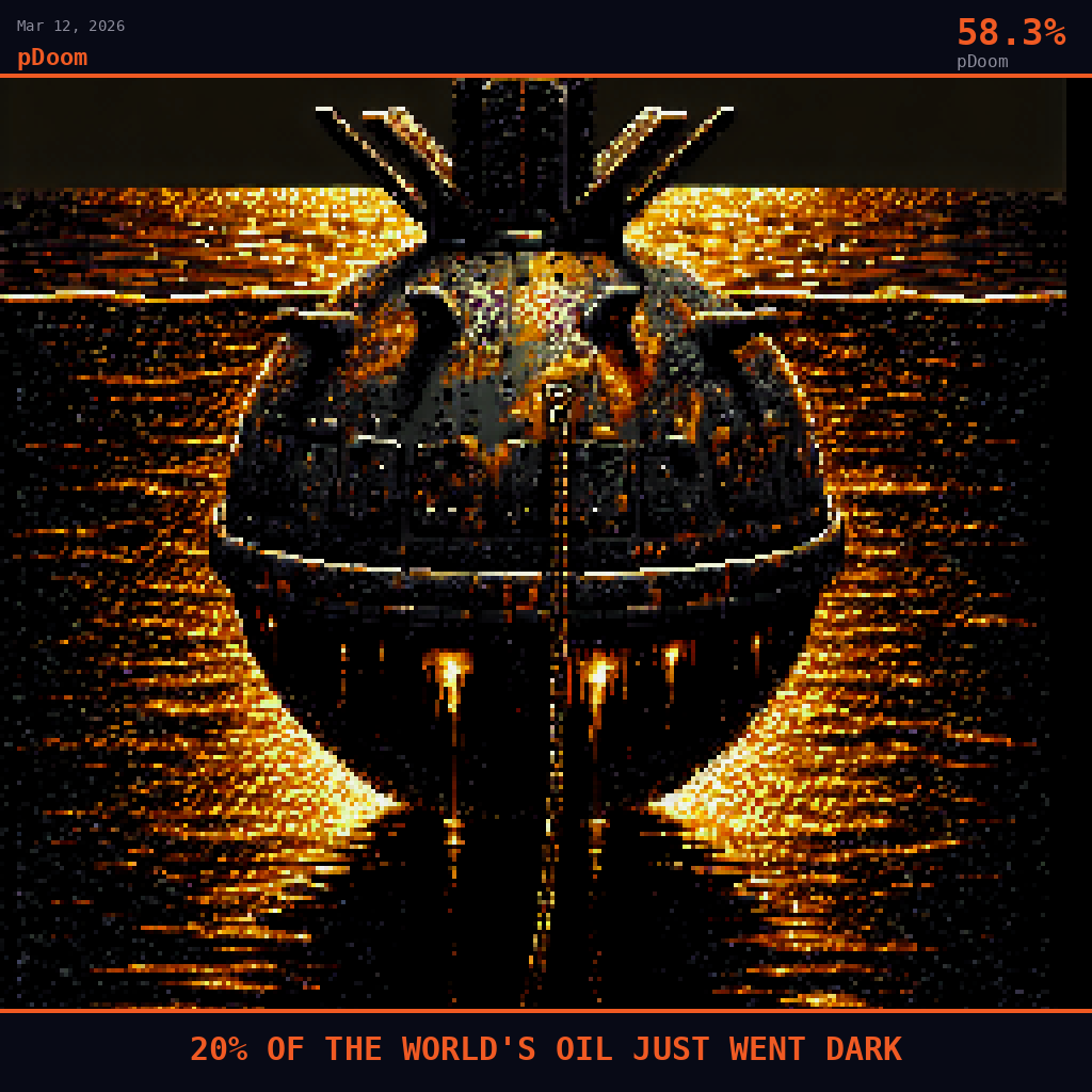 pDoom card for March 12, 2026: 58.3%, 20% OF THE WORLD'S OIL JUST WENT DARK. Pixel art: the water surface visible only at the very top edge of the frame as a thin sliver of blood-orange shimmer, heat-bleached and viscous, reflecting the distant glow of petroleum fires burning somewhere b.