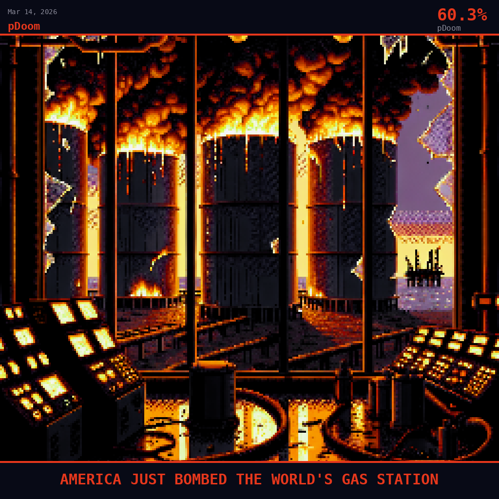 pDoom card for March 14, 2026: 60.3%, AMERICA JUST BOMBED THE WORLD'S GAS STATION. Pixel art: the window frame cracked and bent, glass shards catching hellish orange-red light.