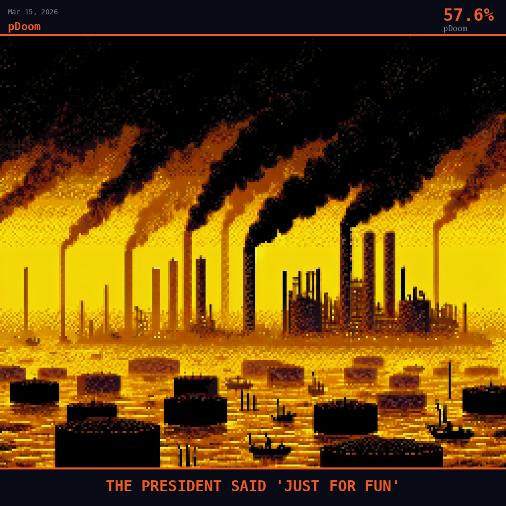 pDoom card for March 15, 2026: 57.6%, THE PRESIDENT SAID 'JUST FOR FUN'. Pixel art: Kharg Island shrouded in a dense petrochemical haze, the atmosphere itself thick and poisoned, a wall of oily black-orange smog rolling across the Persian Gulf like a slow tide, visibility collapsing .